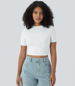 Casual Tops|T-Shirts<HALARA Round Neck Short Sleeve Ruched Skinny Cropped Casual T-Shirt