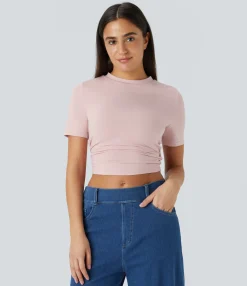 Casual Tops|T-Shirts<HALARA Round Neck Short Sleeve Ruched Skinny Cropped Casual T-Shirt