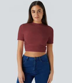 Casual Tops|T-Shirts<HALARA Round Neck Short Sleeve Ruched Skinny Cropped Casual T-Shirt