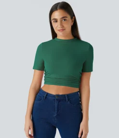 Casual Tops|T-Shirts<HALARA Round Neck Short Sleeve Ruched Skinny Cropped Casual T-Shirt