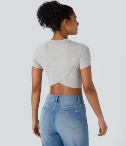 Casual Tops<HALARA Round Neck Short Sleeve Ruched Crossover Hem Cropped Casual Top