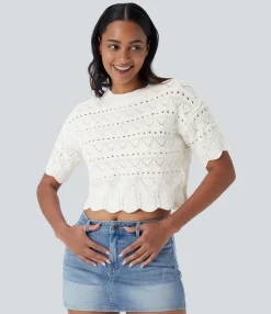 Sweaters<HALARA Round Neck Short Sleeve Scallop Hem Open Knit Casual Sweater