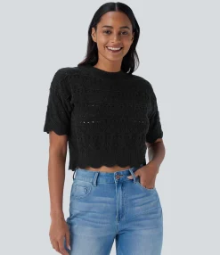Sweaters<HALARA Round Neck Short Sleeve Scallop Hem Open Knit Casual Sweater