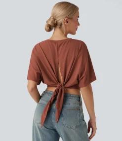 Casual Tops<HALARA Round Neck Short Sleeve Split Tie Back Cropped Casual Top