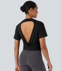 Sports Tops|Sports Tops<HALARA Round Neck Short Sleeve Tie Side Yoga Sports Top