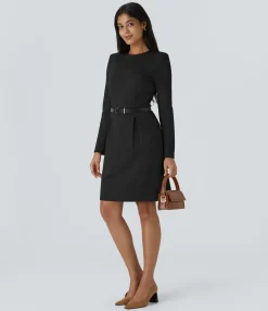 Mini Dresses|Dresses<HALARA Round Neck Shoulder Pad Long Sleeve Hem Slim Mini Work Dress