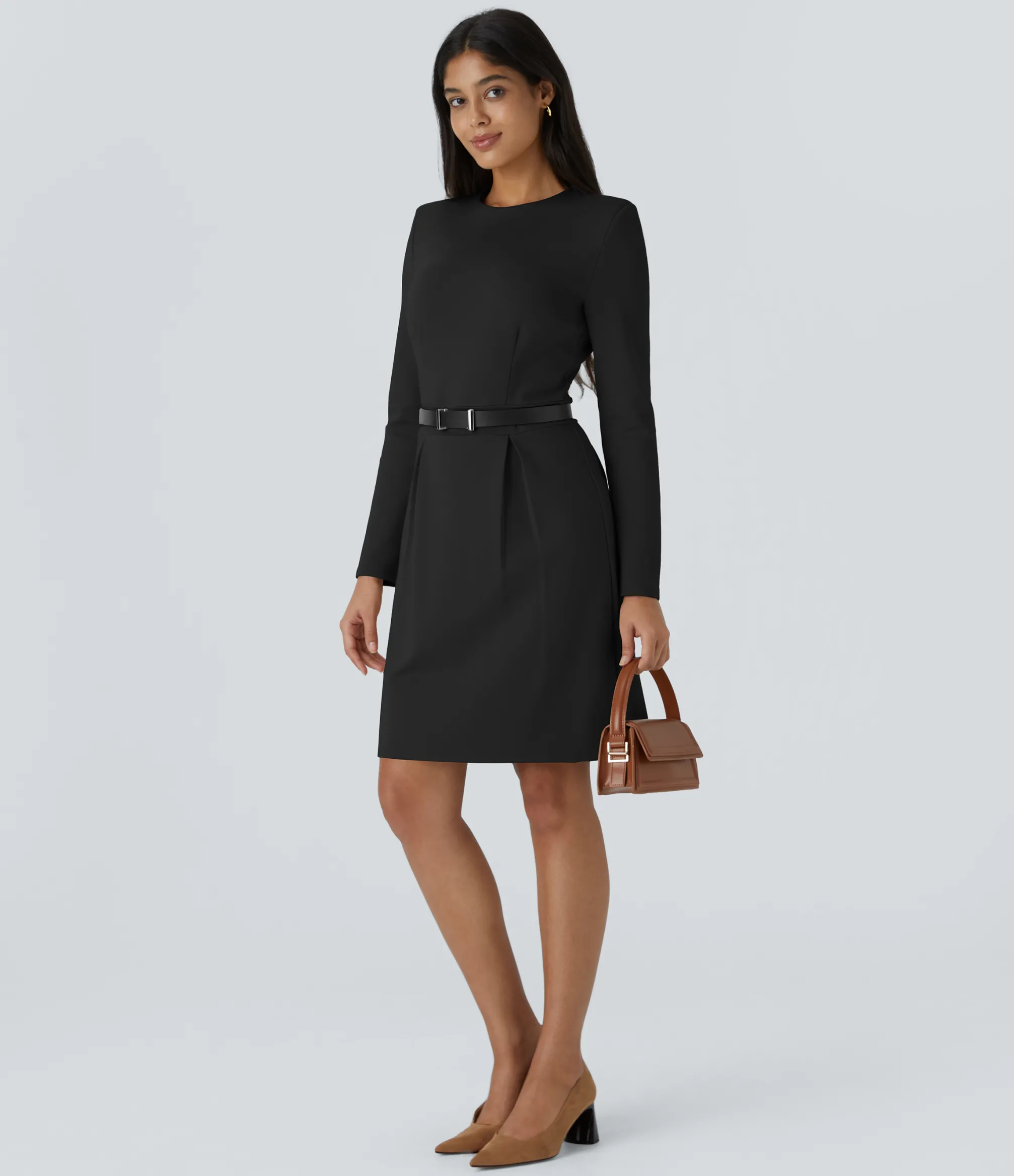 Mini Dresses|Dresses<HALARA Round Neck Shoulder Pad Long Sleeve Hem Slim Mini Work Dress