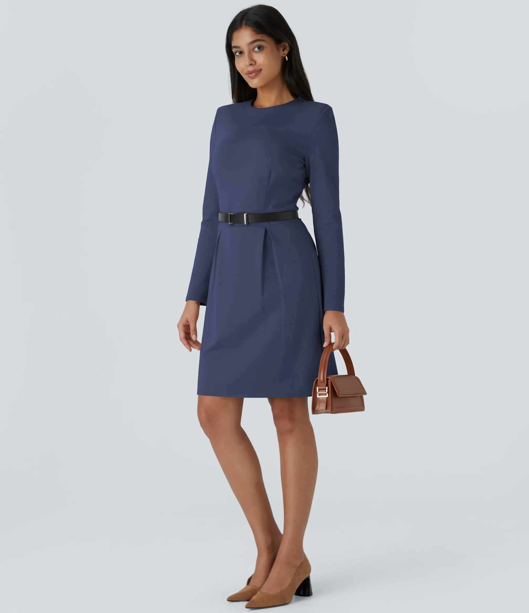 Mini Dresses|Dresses<HALARA Round Neck Shoulder Pad Long Sleeve Hem Slim Mini Work Dress