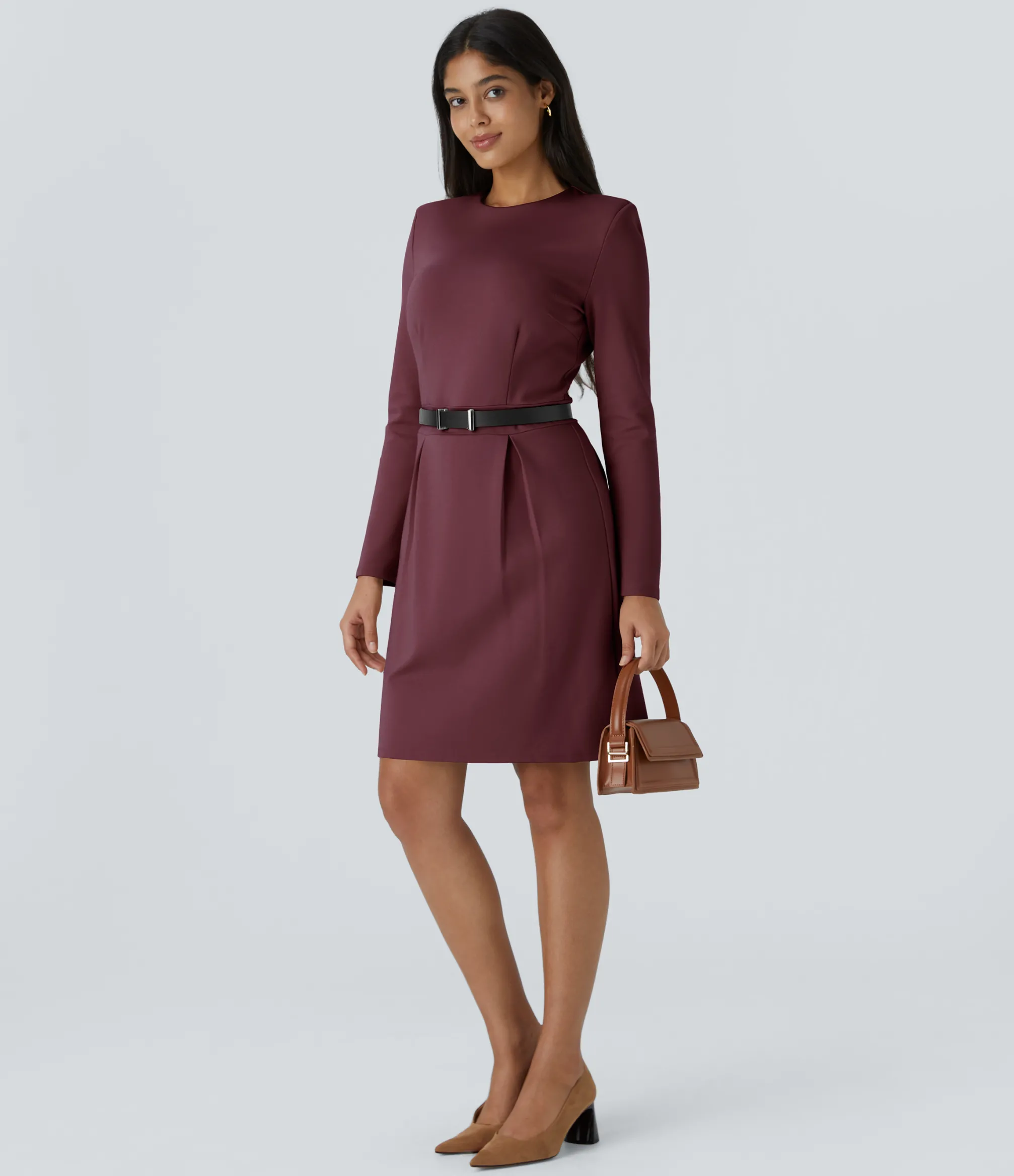 Mini Dresses|Dresses<HALARA Round Neck Shoulder Pad Long Sleeve Hem Slim Mini Work Dress