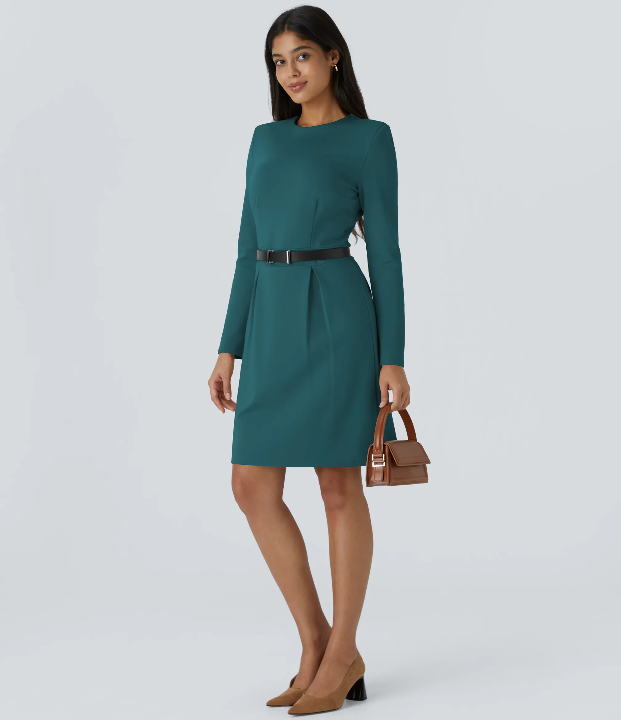 Mini Dresses|Dresses<HALARA Round Neck Shoulder Pad Long Sleeve Hem Slim Mini Work Dress