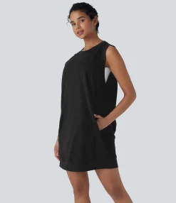 Dresses|Mini Dresses<HALARA Round Neck Sleeveless Crossover Back Mini Casual Dress with Pockets