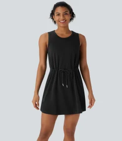 Active Dresses|Dresses<HALARA Round Neck Sleeveless Drawstring Pocket 2-Piece Mini Yoga Active Dress