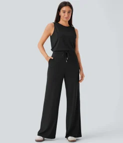 Jumpsuits<HALARA Round Neck Sleeveless Keyhole Back Drawstring Pocket Casual Jumpsuit