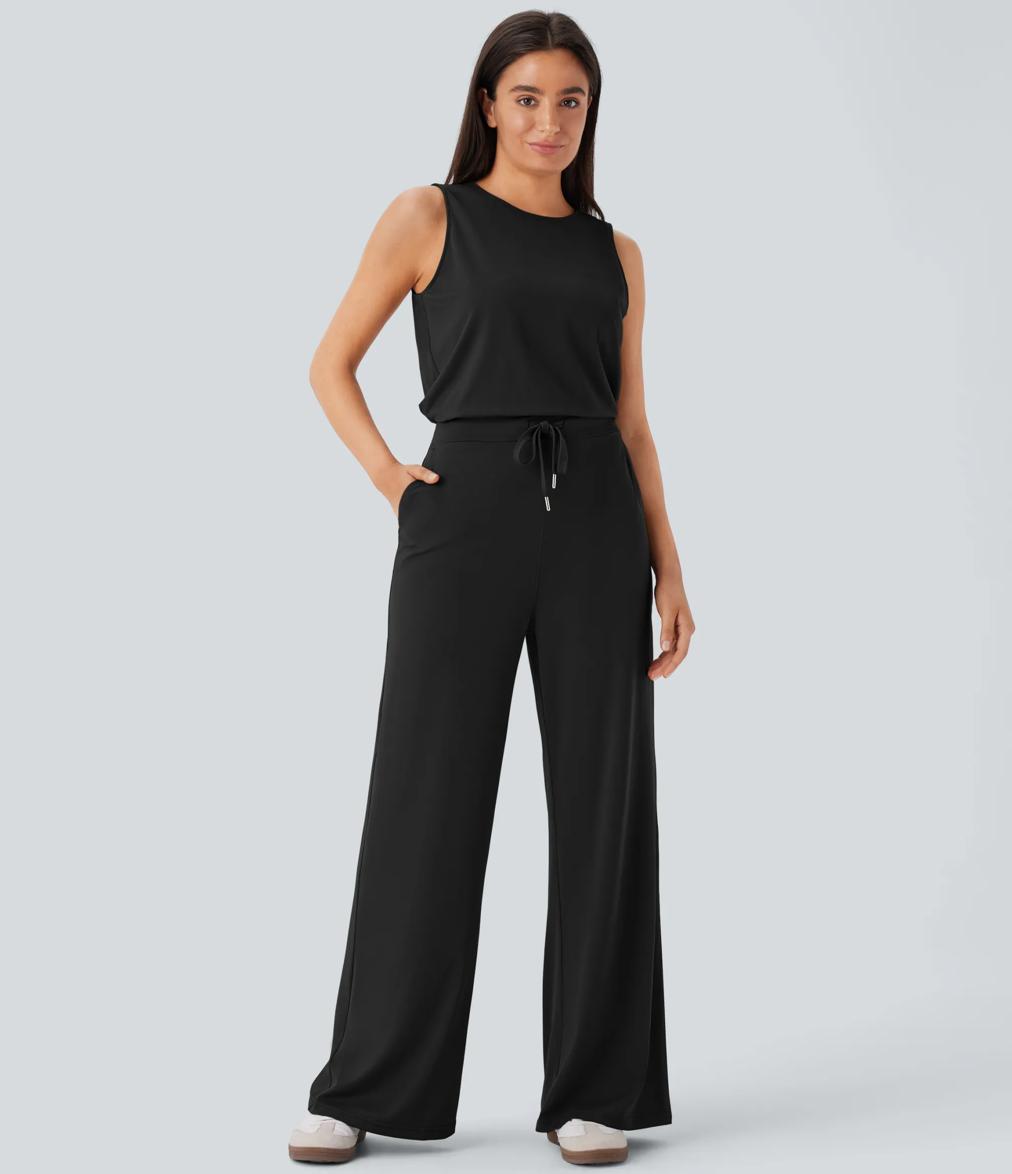 Jumpsuits<HALARA Round Neck Sleeveless Keyhole Back Drawstring Pocket Casual Jumpsuit