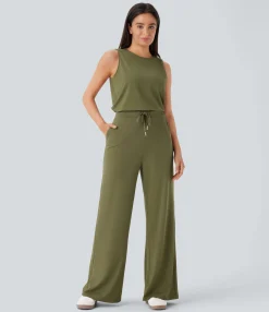 Jumpsuits<HALARA Round Neck Sleeveless Keyhole Back Drawstring Pocket Casual Jumpsuit