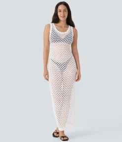Maxi & Midi Dresses|Dresses<HALARA Round Neck Sleeveless Midi Hollow Out Linen-Feel Cover Up Dress