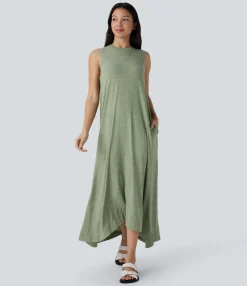 Maxi & Midi Dresses|Dresses<HALARA Round Neck Sleeveless Pocket High Low Flowy Maxi Casual Dress