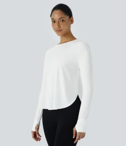 Yoga Tops|Sports Tops<HALARA Round Neck Thumb Hole Curved Hem Yoga Sports Top