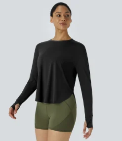 Yoga Tops|Sports Tops<HALARA Round Neck Thumb Hole Curved Hem Yoga Sports Top