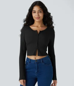 Casual Tops<HALARA Round Neck 2-Way Zipper Long Sleeve Cropped Casual Top