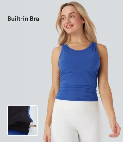 Tank Tops & Camis|Tank Tops<HALARA Round-Neck Racerback Ruched Built-in Bra Cool Touch Yoga Tank Top