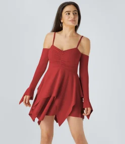 Mini Dresses|Dresses<HALARA Ruched Long Sleeve Layered Hanky Hem Mini Casual Dress