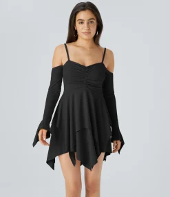 Mini Dresses|Dresses<HALARA Ruched Long Sleeve Layered Hanky Hem Mini Casual Dress
