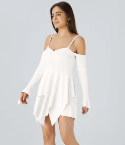 Mini Dresses|Dresses<HALARA Ruched Long Sleeve Layered Hanky Hem Mini Casual Dress