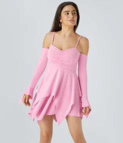 Mini Dresses|Dresses<HALARA Ruched Long Sleeve Layered Hanky Hem Mini Casual Dress