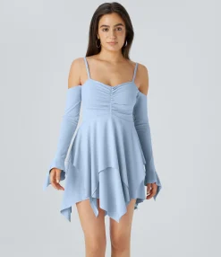 Mini Dresses|Dresses<HALARA Ruched Long Sleeve Layered Hanky Hem Mini Casual Dress