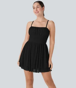 Active Dresses|Dresses<HALARA Ruched Tiered Mesh Overlay 2-in-1 Mini Dance Slip Active Dress with Pocket-Easy Peezy