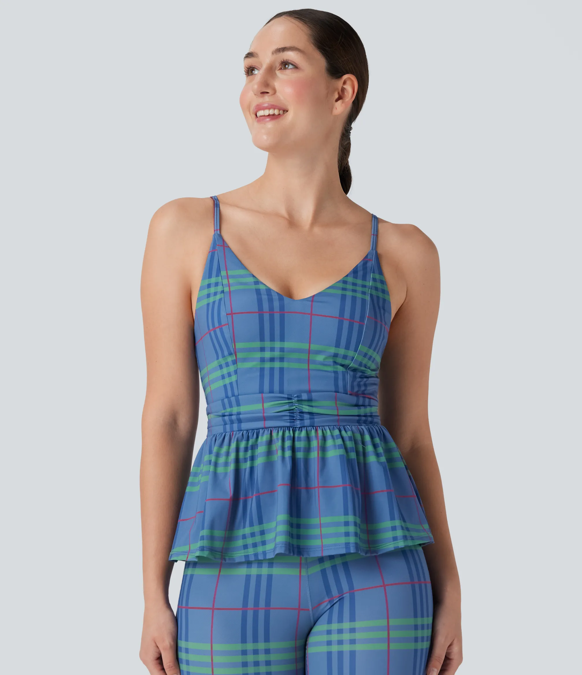 Yoga Tops|Tank Tops & Camis<HALARA Ruffle Hem Plaid Cool Touch Yoga Cami Top