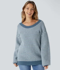 Sweaters<HALARA Scoop Neck Dropped Shoulder Color Block Stripe Relax Casual Sweater