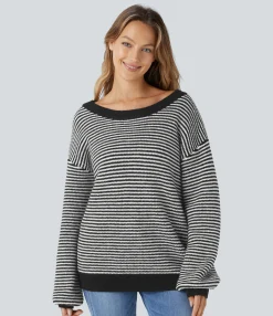Sweaters<HALARA Scoop Neck Dropped Shoulder Color Block Stripe Relax Casual Sweater