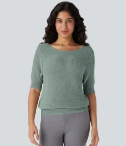 Sweaters<HALARA Scoop Neck Half Sleeve Work Sweater