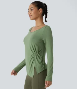 Yoga Tops|Sports Tops<HALARA Scoop Neck Long Sleeve Ruched Hem Slim Yoga Sports Top