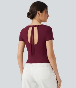 Casual Tops<HALARA Scoop Neck Short Sleeve Bow Cropped Casual Top
