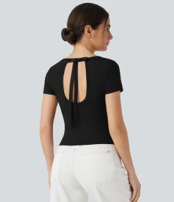 Casual Tops<HALARA Scoop Neck Short Sleeve Bow Cropped Casual Top