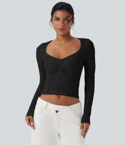 Casual Tops|Sports Tops<HALARA Seamless Flow Jacquard Sweetheart Neck Long Sleeve Casual Sports Top