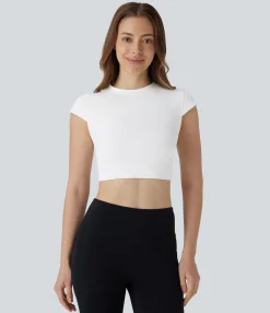 Yoga Tops|Sports Tops<HALARA Seamless Flow Round Neck Cap Sleeve Cropped Yoga Sports Top