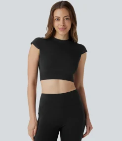 Yoga Tops|Sports Tops<HALARA Seamless Flow Round Neck Cap Sleeve Cropped Yoga Sports Top