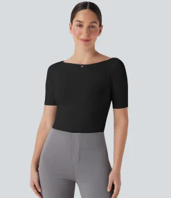 Bodysuits<HALARA Seamless Flow Smoothing Boat Neck Adjustable Leg Straps Work Bodysuit-Easy Peezy