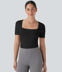 Bodysuits<HALARA Seamless Flow Smoothing Square Neck Adjustable Leg Straps Work Bodysuit-Easy Peezy
