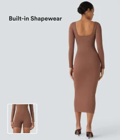 Maxi & Midi Dresses|Dresses<HALARA Seamless Flow Square Neck Long Sleeve Built-in Shapewear Slim Midi Casual Dress