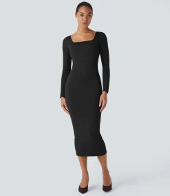 Maxi & Midi Dresses|Dresses<HALARA Seamless Flow Square Neck Long Sleeve Built-in Shapewear Slim Midi Casual Dress