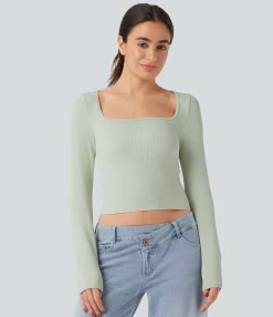 Sports Tops|Sports Tops<HALARA Seamless Flow Square Neck Long Sleeve Yoga Sports Top