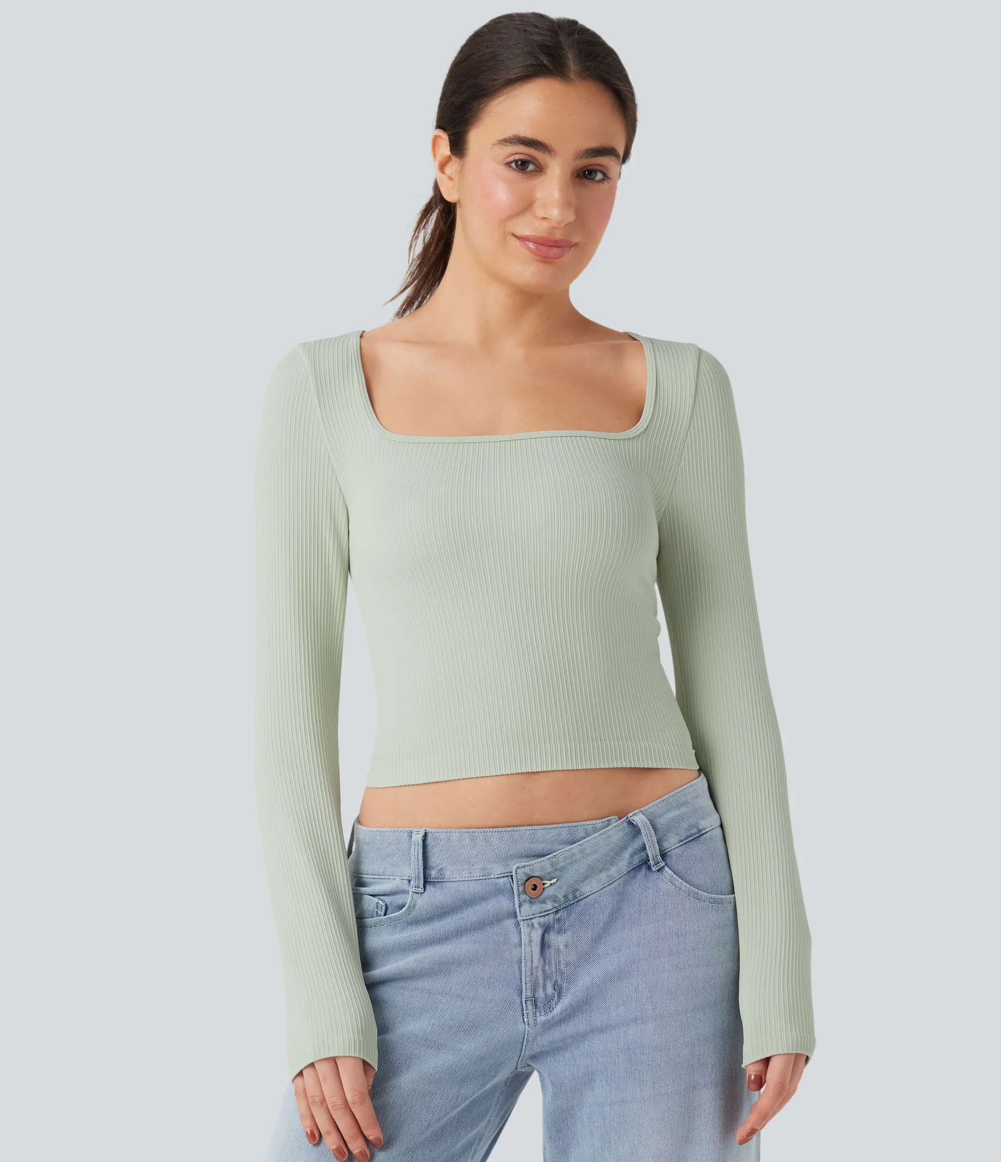 Sports Tops|Sports Tops<HALARA Seamless Flow Square Neck Long Sleeve Yoga Sports Top