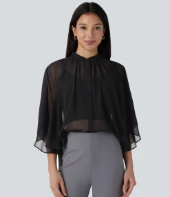 Work Tops|Shirts Blouses<HALARA Sheer Elbow Sleeve Flowy Work Shirt