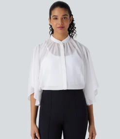Work Tops|Shirts Blouses<HALARA Sheer Elbow Sleeve Flowy Work Shirt