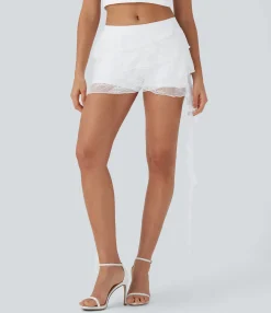 Skirts<HALARA Sheer Low Rise 2-in-1 Lace Tie Side Lettuce Trim Mini Skirt